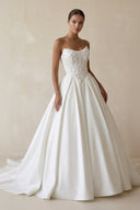 3D Floral Strapless Corset Satin Wedding Gown in White - SHE IS ME Wedding Dresses
