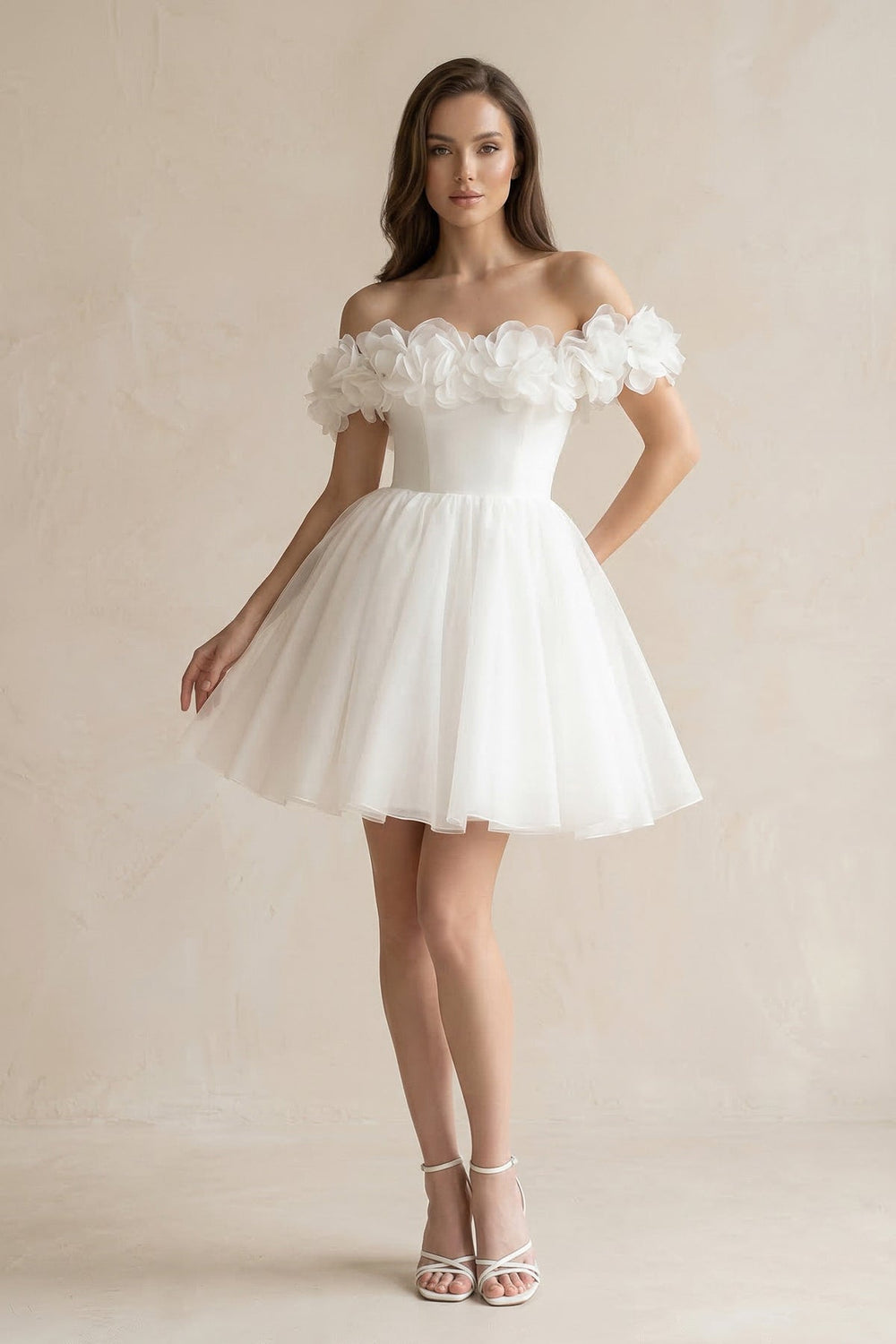 3D - Flower Off - the - Shoulder A - Line Tulle Wedding Dress in Ivory - SHE IS ME Wedding Dresses