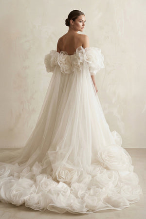 3D - Flower Tulle Strapless A - Line Wedding Dress in Ivory - SHE IS ME Wedding Dresses