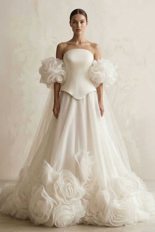 3D - Flower Tulle Strapless A - Line Wedding Dress in Ivory - SHE IS ME Wedding Dresses