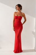 Strapless Mermaid Pleated Maxi Dress in Red