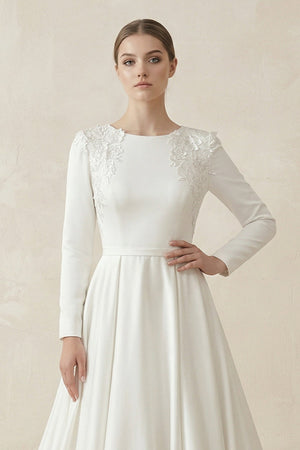 A - Line Boat Neck Satin Long Sleeves Wedding Dress in White - SHE IS ME Wedding Dresses