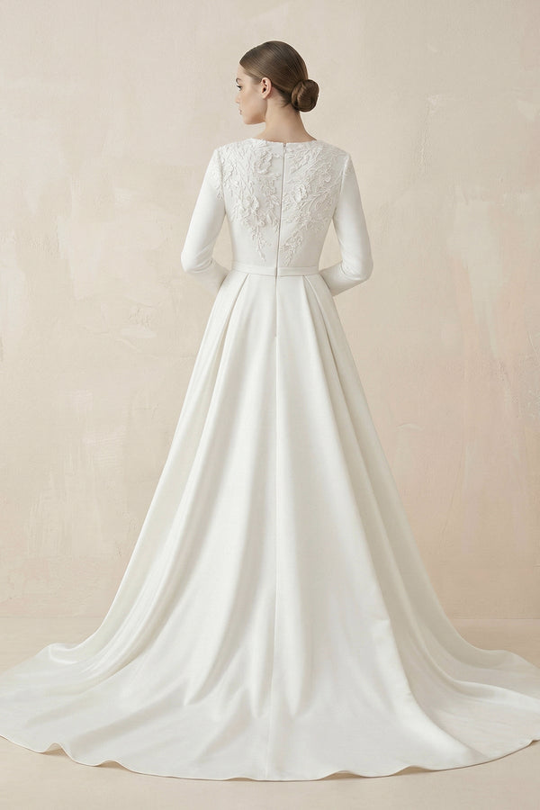 A - Line Boat Neck Satin Long Sleeves Wedding Dress in White - SHE IS ME Wedding Dresses