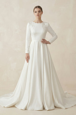 A - Line Boat Neck Satin Long Sleeves Wedding Dress in White - SHE IS ME Wedding Dresses