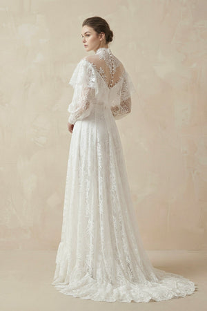 A - Line High Neck Long Sleeve Lace Wedding Dress - SHE IS ME Wedding Dresses