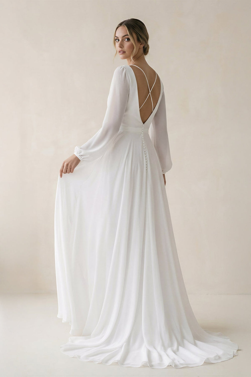 A - Line Illusion Neck Chiffon Wedding Dresses in White - SHE IS ME Wedding Dresses