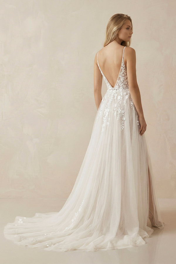 A - Line Ivory Lace V - Neck Wedding Dress with Ruffles - SHE IS ME Wedding Dresses