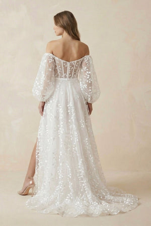 A - Line Ivory Off - the - Shoulder Lace Wedding Dress - SHE IS ME Wedding Dresses