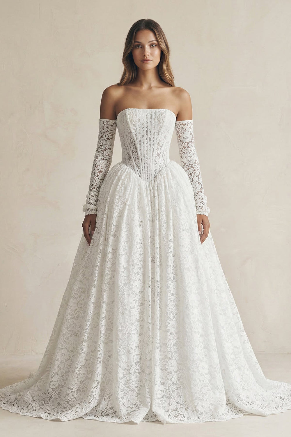 A - Line Lace Strapless Appliqued Wedding Dress in White - SHE IS ME Wedding Dresses