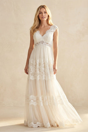A - Line Lace V - Neck Tulle Wedding Dress in Ivory - SHE IS ME Wedding Dresses