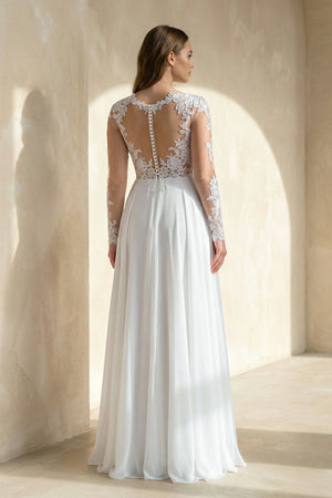 A - Line Long Sleeve Lace Wedding Dress in White - SHE IS ME Wedding Dresses