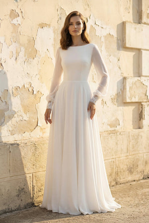 A Line Long Sleeves Chiffon Wedding Dress in White - SHE IS ME Wedding Dresses