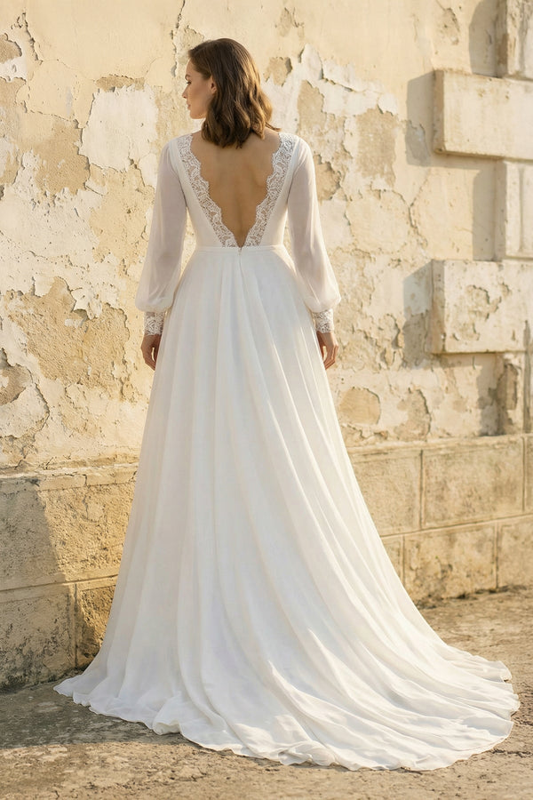 A Line Long Sleeves Chiffon Wedding Dress in White - SHE IS ME Wedding Dresses