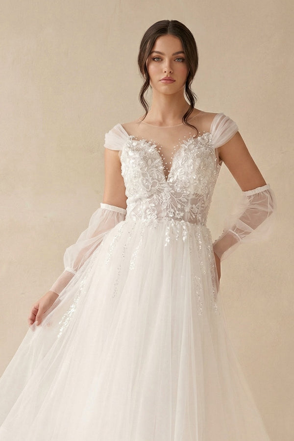 A - Line Long Sleeves Tulle Wedding Dresses With Appliques - SHE IS ME Wedding Dresses