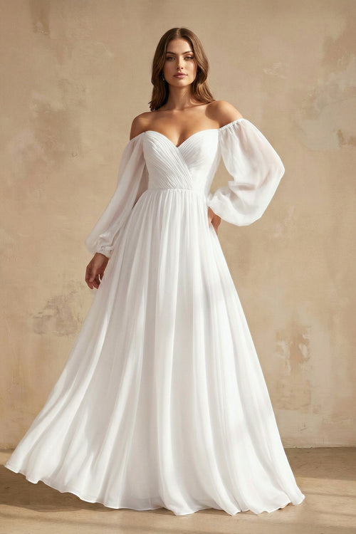A Line Off The Shoulder Long Sleeves Chiffon Wedding Dress in White - SHE IS ME Wedding Dresses