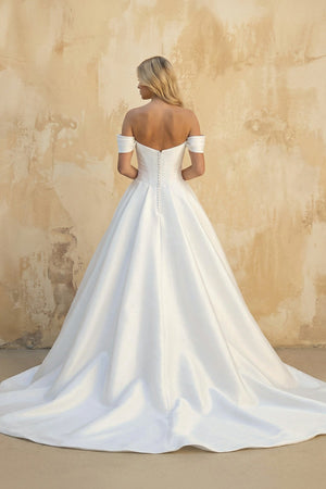 A - Line Off the Shoulder Satin Wedding Dresses in White - SHE IS ME Wedding Dresses