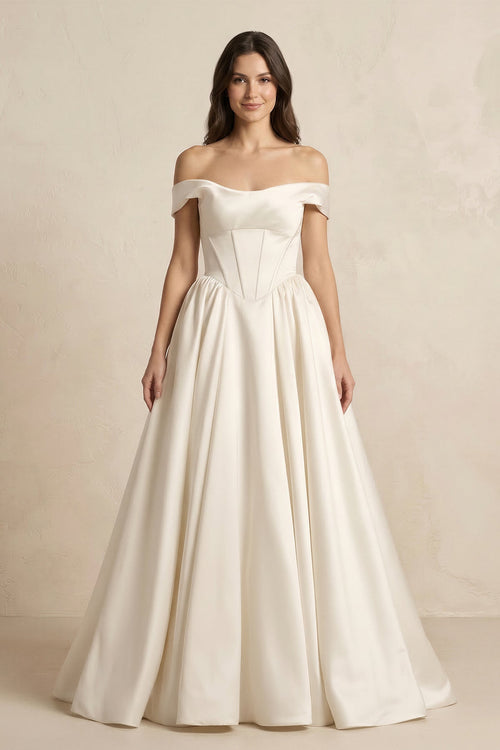A - Line Satin Off - the - Shoulder Corset Wedding Dress in Ivory - SHE IS ME Wedding Dresses