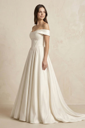 A - Line Satin Off - the - Shoulder Corset Wedding Dress in Ivory - SHE IS ME Wedding Dresses
