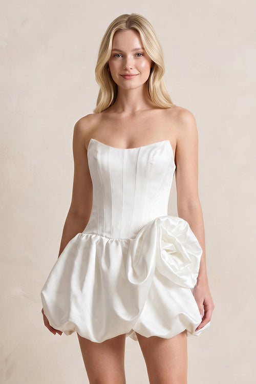 A - Line Satin Strapless Mini Ruched Wedding Dress in White - SHE IS ME Wedding Dresses