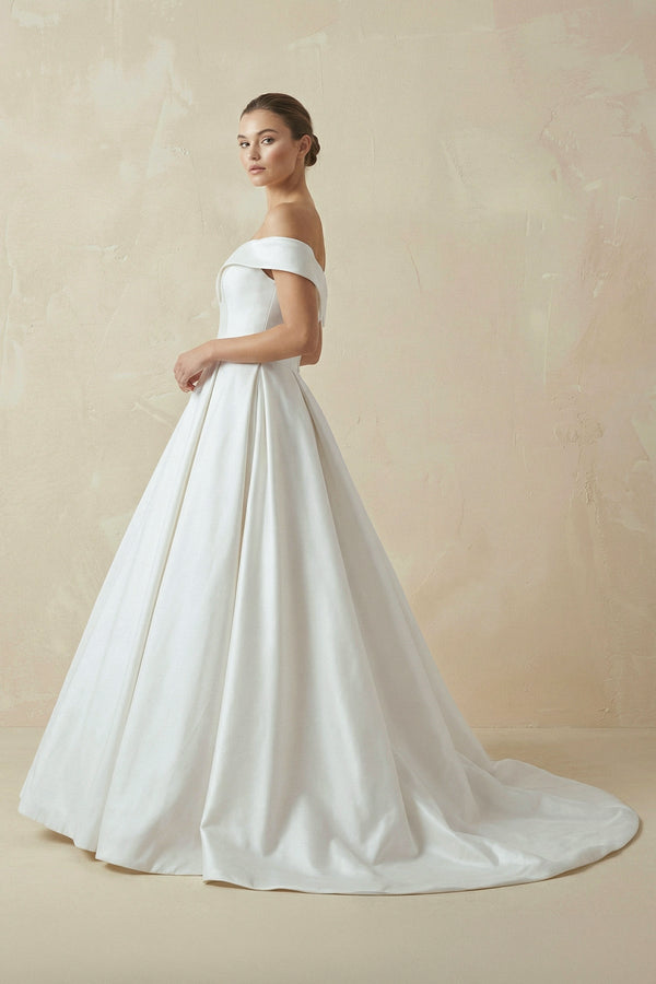 A - Line Satin Sweep Train White Wedding Dress - SHE IS ME Wedding Dresses