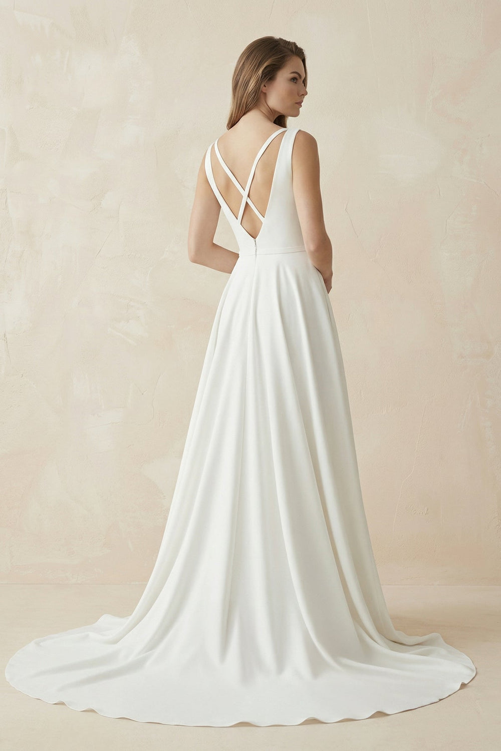 A - Line Satin V - Neck Wedding Dress With Illusion Corset - SHE IS ME Wedding Dresses
