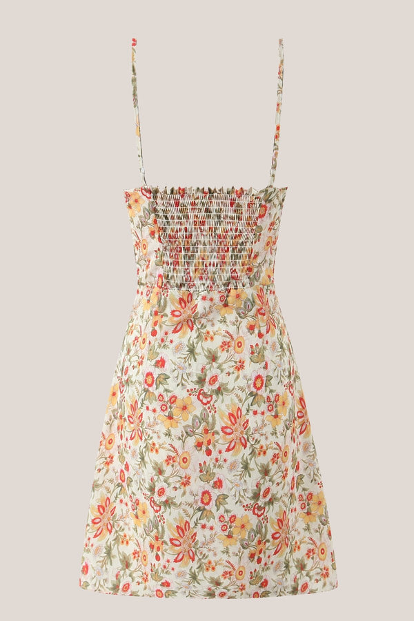 A - Line Scoop Neck Warm Rose Printed Cotton Mini Dress - SHE IS ME Dresses
