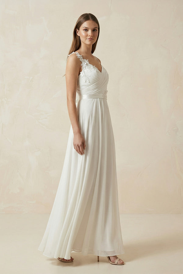 A - Line Spaghetti - Straps Chiffon Wedding Dress With Appliques in White - SHE IS ME Wedding Dresses