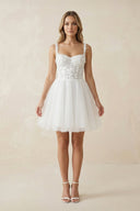 A Line Spaghetti Straps Tulle Wedding Dress With Appliques in White - SHE IS ME Wedding Dresses
