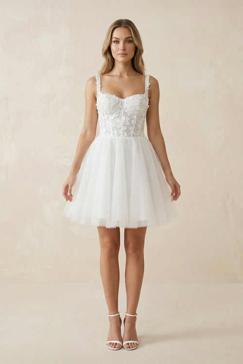 A Line Spaghetti Straps Tulle Wedding Dress With Appliques in White - SHE IS ME Wedding Dresses