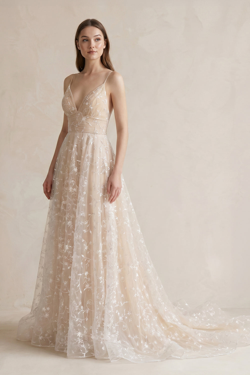 A Line Spaghetti Straps Wedding Dress in Champagne - SHE IS ME Wedding Dresses