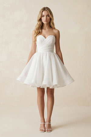 A - Line Strapless Pleated Organza Wedding Dress in White - SHE IS ME Wedding Dresses