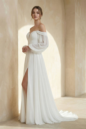 A - Line Sweetheart Long Sleeves Chiffon Wedding Dress - SHE IS ME Wedding Dresses