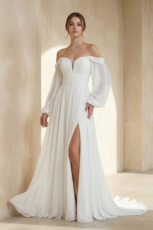 A - Line Sweetheart Long Sleeves Chiffon Wedding Dress - SHE IS ME Wedding Dresses