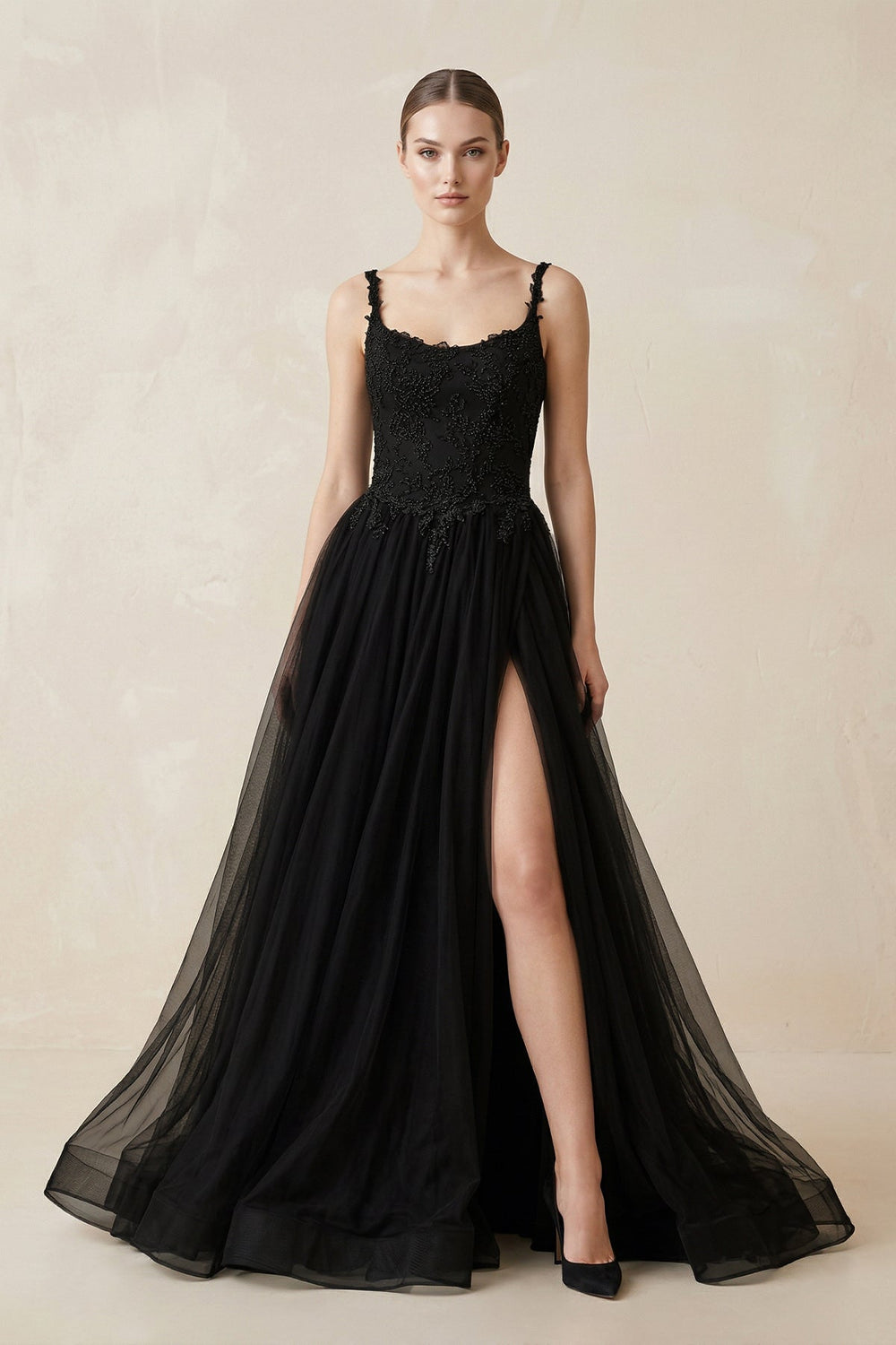 A - Line Tulle Appliqued Wedding Dress with Slit in Black - SHE IS ME Wedding Dresses