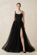 A - Line Tulle Appliqued Wedding Dress with Slit in Black - SHE IS ME Wedding Dresses