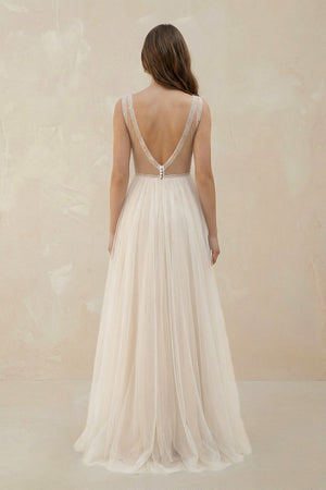 A - Line Tulle V - Neck Wedding Dress With Sequin in White and Nude - SHE IS ME Wedding Dresses