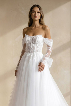 A Line Tulle Wedding Dress With Appliques in White - SHE IS ME Wedding Dresses