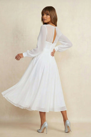 A Line V Neck Chiffon Long Sleeves Wedding Dress in White - SHE IS ME Wedding Dresses
