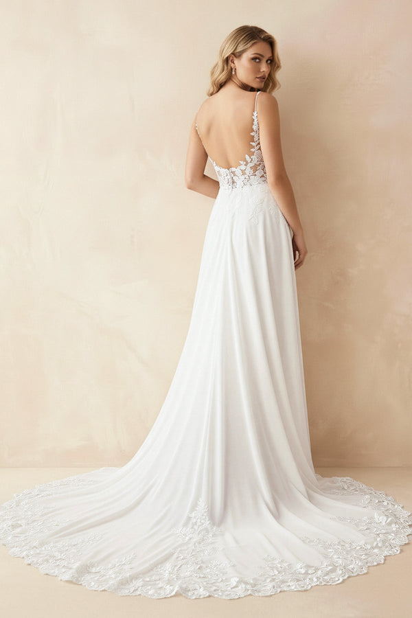A Line V Neck Chiffon Wedding Dress With Appliques in White and Nude - SHE IS ME Wedding Dresses