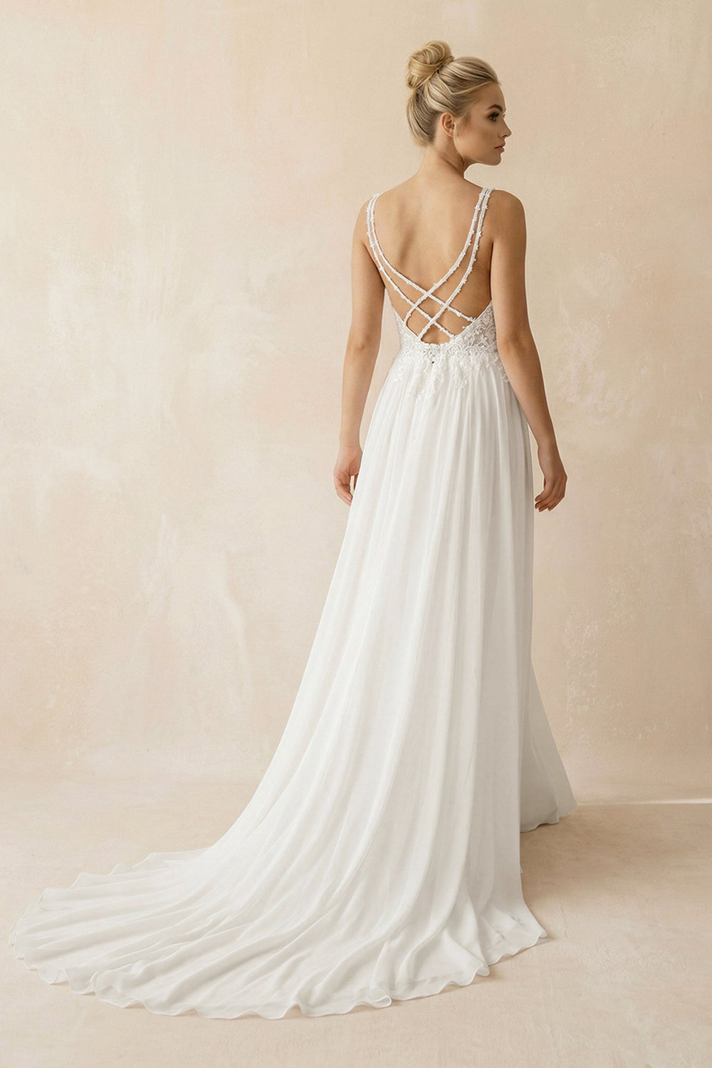 A - Line V - Neck Chiffon Wedding Dresses with Appliques in White - SHE IS ME Wedding Dresses