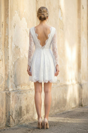 A Line V Neck Long Sleeves Lace Short Wedding Dress in White - SHE IS ME Wedding Dresses