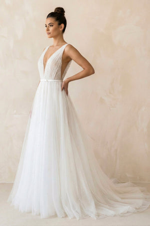 A Line V - Neck Tulle Sleeveless Wedding Dress in White - SHE IS ME Wedding Dresses