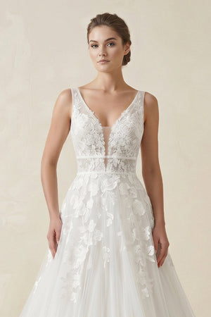 A - Line V Neck Tulle Wedding Dress With Appliques in White - SHE IS ME Wedding Dresses