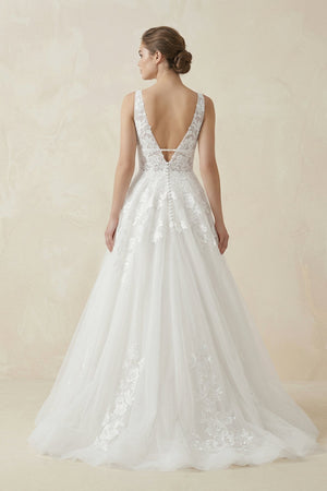 A - Line V Neck Tulle Wedding Dress With Appliques in White - SHE IS ME Wedding Dresses