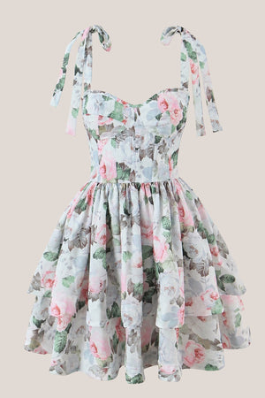 A - line Vintage Rose Printed Lace - up Cotton Mini Dress - SHE IS ME Dresses