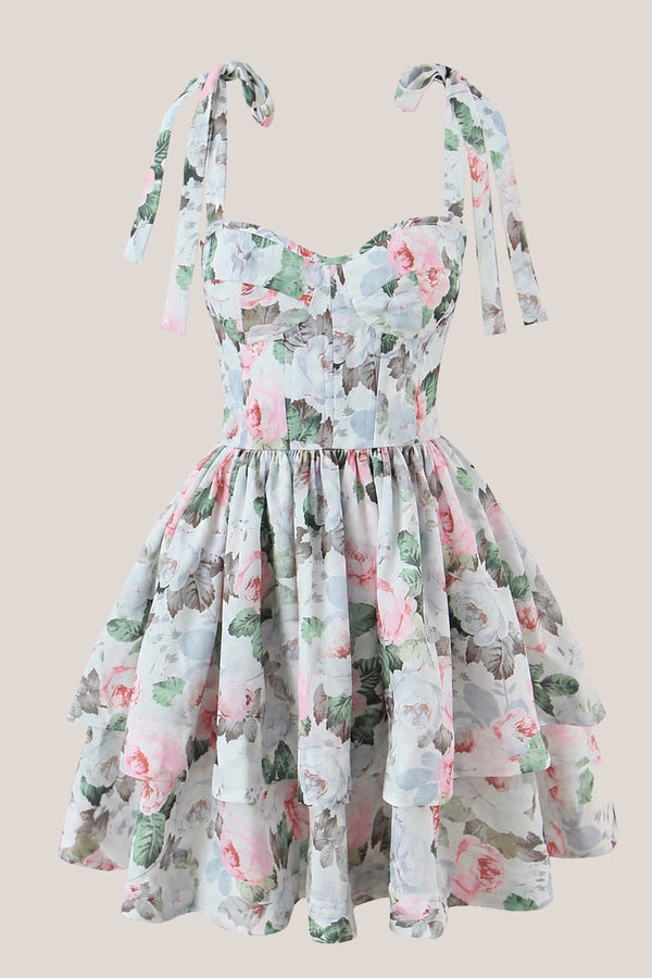 A - line Vintage Rose Printed Lace - up Cotton Mini Dress - SHE IS ME Dresses
