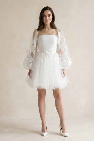 Appliqued A - Line Tulle Strapless Mini Wedding Dress With Sleeves in White - SHE IS ME Wedding Dresses