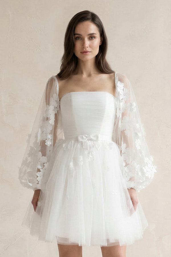 Appliqued A - Line Tulle Strapless Mini Wedding Dress With Sleeves in White - SHE IS ME Wedding Dresses