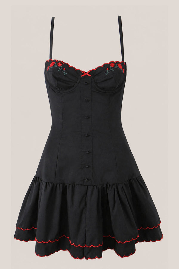 Appliqued Ruffled Sweetheart Cotton Mini Dress in Black - SHE IS ME Dresses