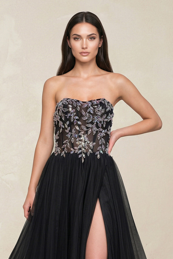 Appliqued Strapless Tulle A - Line Wedding Dress with Slit in Black - SHE IS ME Wedding Dresses